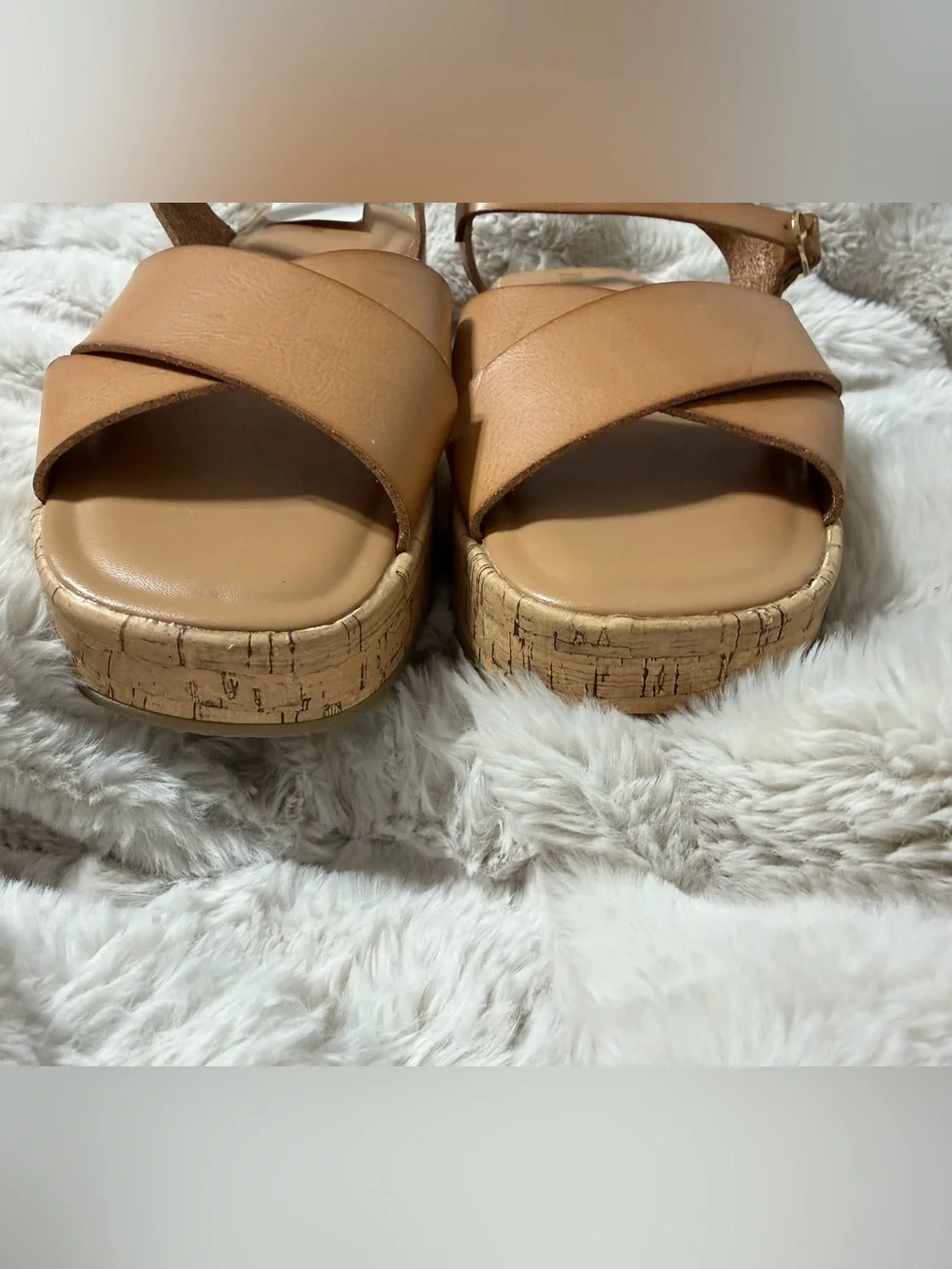 Zara Tan Crisscross Cork Look Platform Sandal Ankle Strap Square Toe Sz 39 8/8.5 - Picture 6 of 6